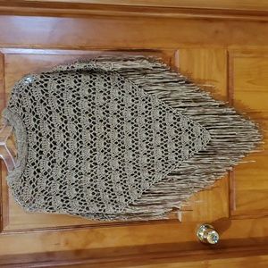 Crochet Knit Fringed Poncho  Shawl Cejon Accessories, Inc Beige